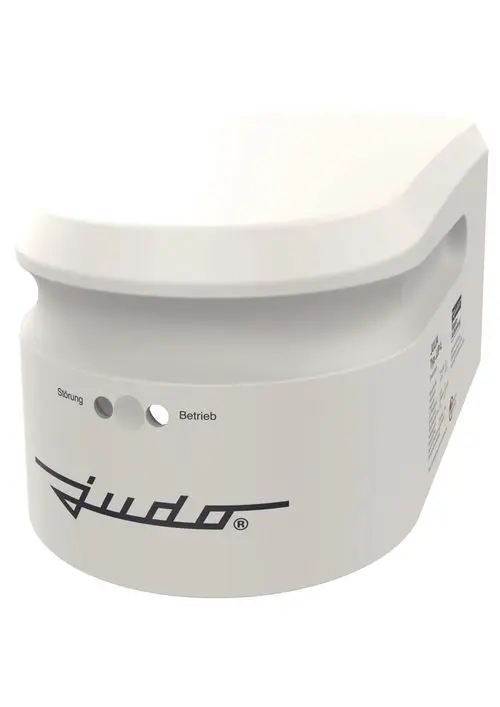 Weiße Abdeckhaube von Judo mit Statusanzeigen für Störung und Betrieb, abgerundeter Form, geeignet für Montage auf einem spezifischen Gerät.